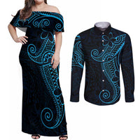 Black Blue Polynesian Tribal Couples Matching Off Shoulder Maxi Dress and Long Sleeve Button Shirt - Polynesian Pride