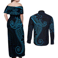 Black Blue Polynesian Tribal Couples Matching Off Shoulder Maxi Dress and Long Sleeve Button Shirt - Polynesian Pride
