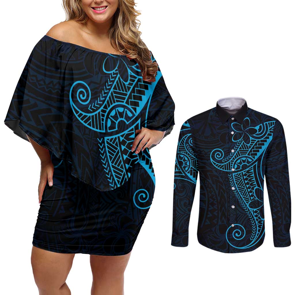 Black Blue Polynesian Tribal Couples Matching Off Shoulder Short Dress and Long Sleeve Button Shirt - Polynesian Pride