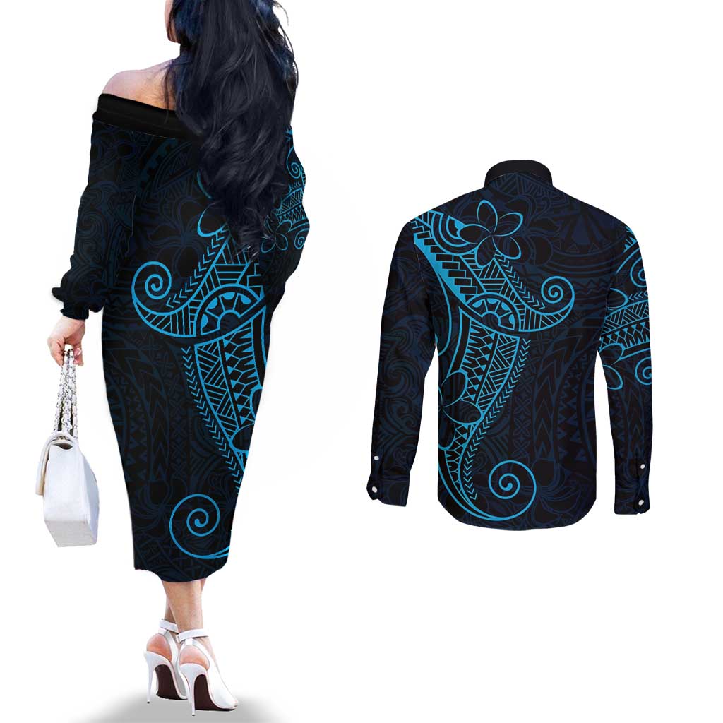 Black Blue Polynesian Tribal Couples Matching Off The Shoulder Long Sleeve Dress and Long Sleeve Button Shirt - Polynesian Pride