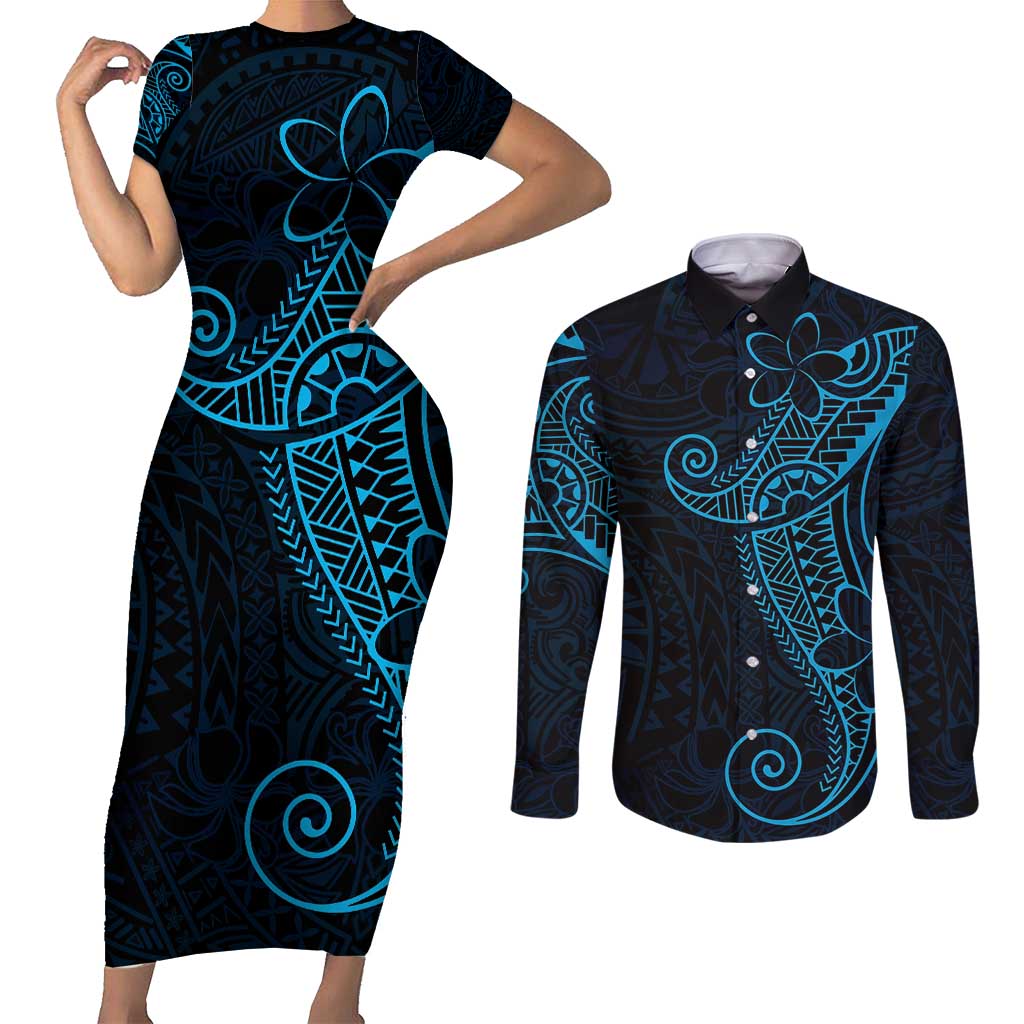 Black Blue Polynesian Tribal Couples Matching Short Sleeve Bodycon Dress and Long Sleeve Button Shirt - Polynesian Pride
