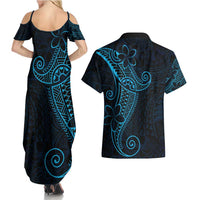 Black Blue Polynesian Tribal Couples Matching Summer Maxi Dress and Hawaiian Shirt - Polynesian Pride