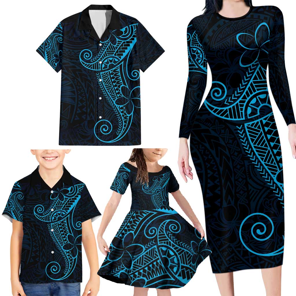 Black Blue Polynesian Tribal Family Matching Long Sleeve Bodycon Dress and Hawaiian Shirt - Polynesian Pride