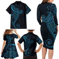 Black Blue Polynesian Tribal Family Matching Long Sleeve Bodycon Dress and Hawaiian Shirt - Polynesian Pride