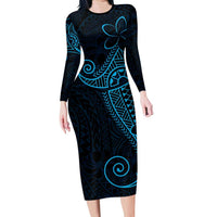 Black Blue Polynesian Tribal Family Matching Long Sleeve Bodycon Dress and Hawaiian Shirt - Polynesian Pride