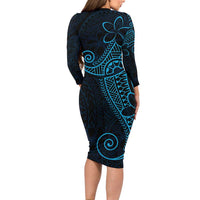 Black Blue Polynesian Tribal Family Matching Long Sleeve Bodycon Dress and Hawaiian Shirt - Polynesian Pride