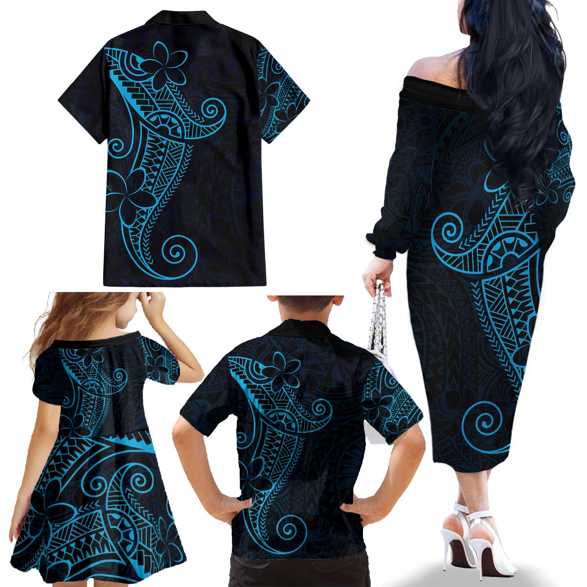 Black Blue Polynesian Tribal Family Matching Off The Shoulder Long Sleeve Dress and Hawaiian Shirt - Polynesian Pride