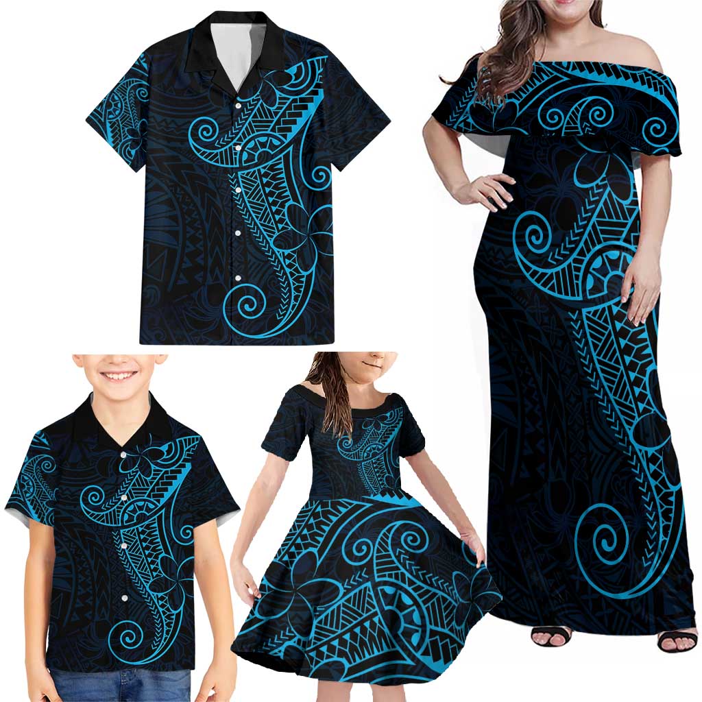 Black Blue Polynesian Tribal Family Matching Off Shoulder Maxi Dress and Hawaiian Shirt - Polynesian Pride