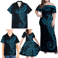 Black Blue Polynesian Tribal Family Matching Off Shoulder Maxi Dress and Hawaiian Shirt - Polynesian Pride