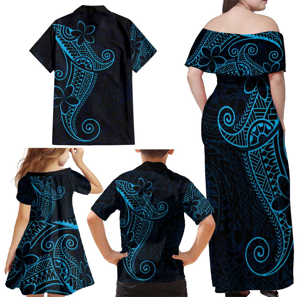 Black Blue Polynesian Tribal Family Matching Off Shoulder Maxi Dress and Hawaiian Shirt - Polynesian Pride