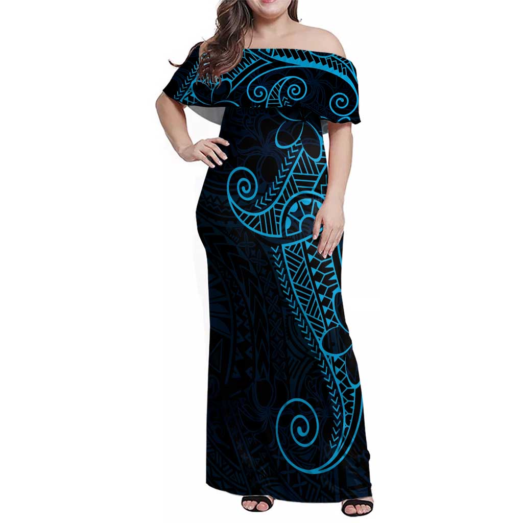 Black Blue Polynesian Tribal Family Matching Off Shoulder Maxi Dress and Hawaiian Shirt - Polynesian Pride