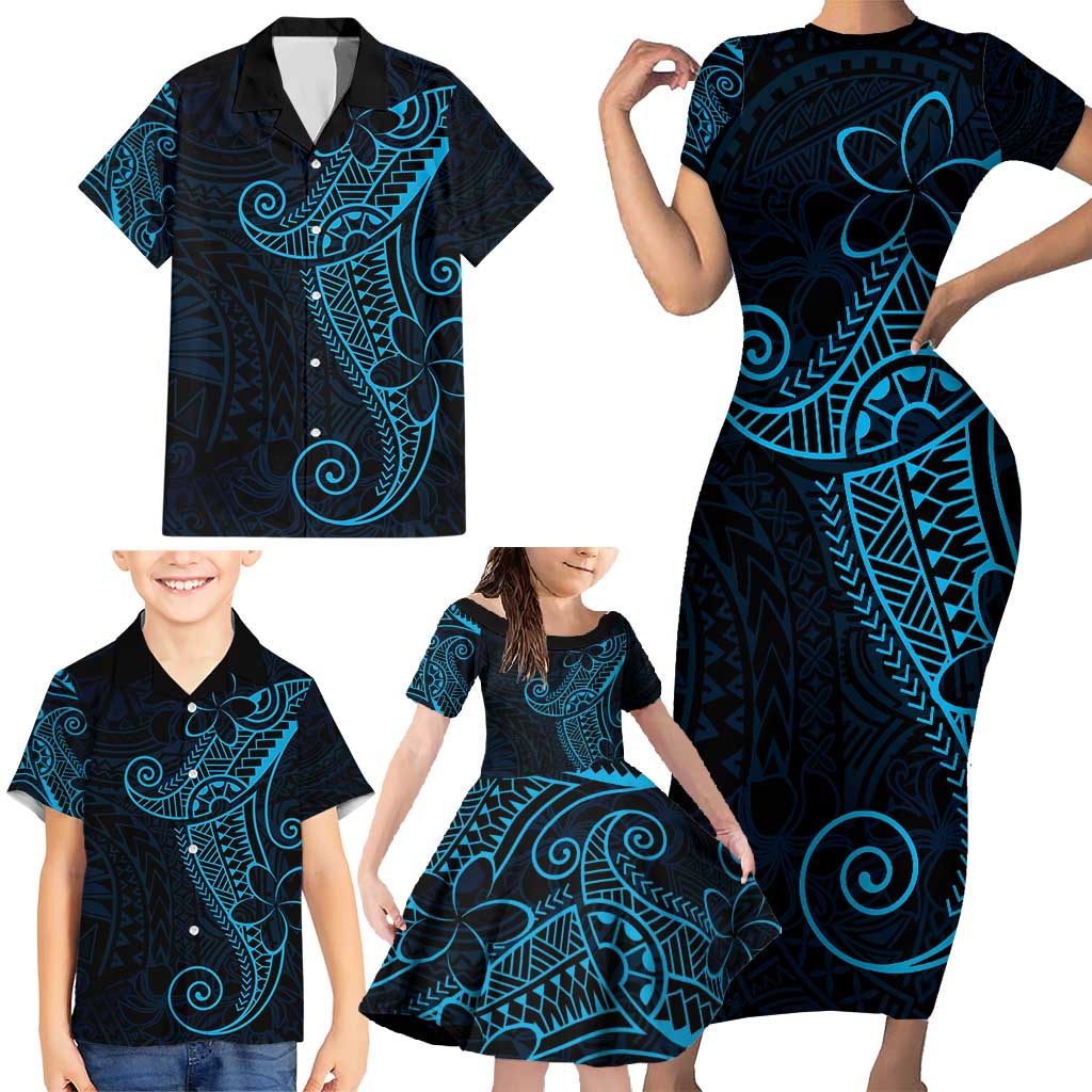 Black Blue Polynesian Tribal Family Matching Short Sleeve Bodycon Dress and Hawaiian Shirt - Polynesian Pride