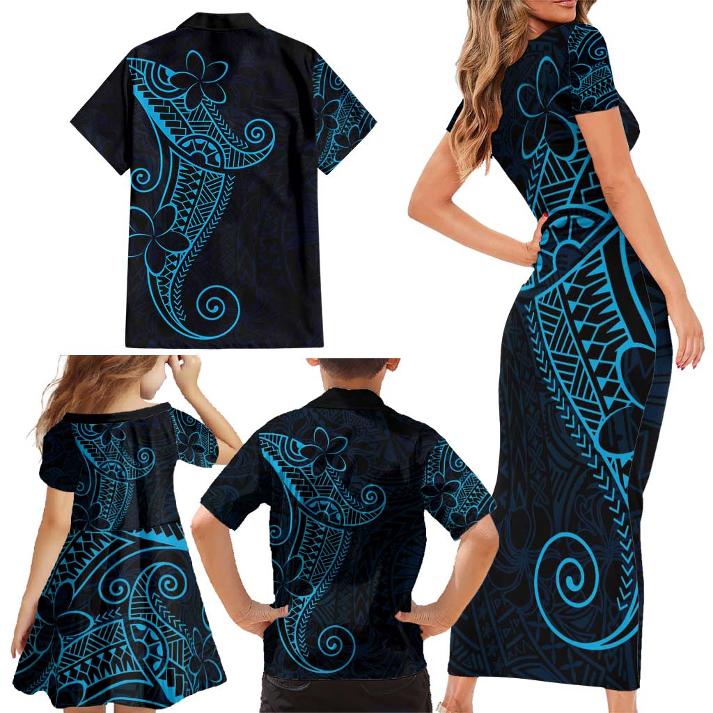 Black Blue Polynesian Tribal Family Matching Short Sleeve Bodycon Dress and Hawaiian Shirt - Polynesian Pride