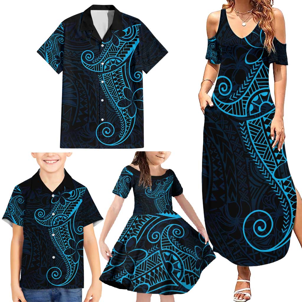Black Blue Polynesian Tribal Family Matching Summer Maxi Dress and Hawaiian Shirt - Polynesian Pride