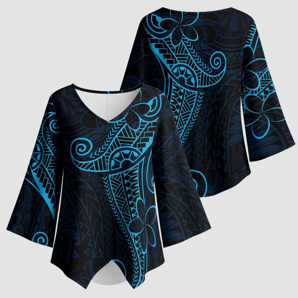 Black Blue Polynesian Tribal Kimono Sleeve Blouse - Polynesian Pride