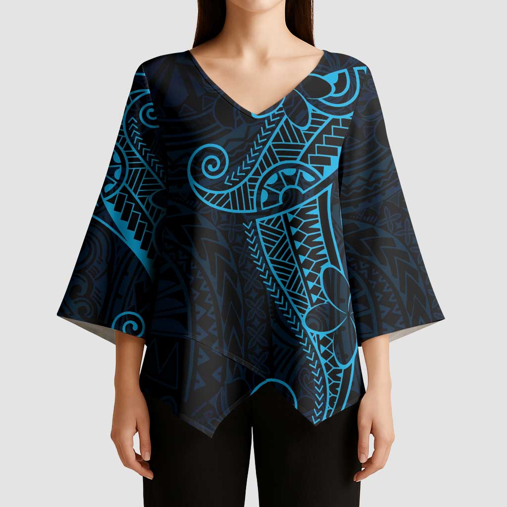 Black Blue Polynesian Tribal Kimono Sleeve Blouse - Polynesian Pride