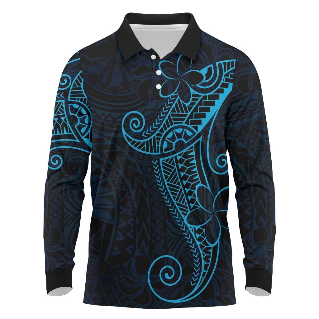 Black Blue Polynesian Tribal Long Sleeve Polo Shirt - Polynesian Pride