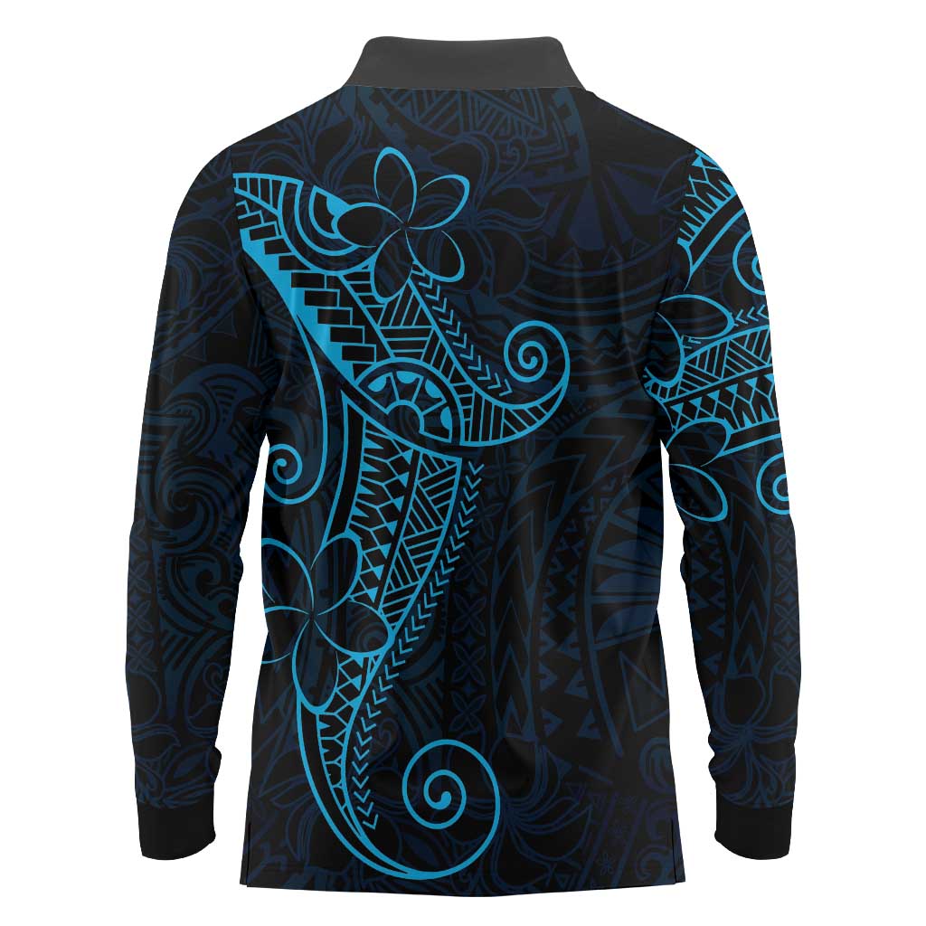 Black Blue Polynesian Tribal Long Sleeve Polo Shirt - Polynesian Pride