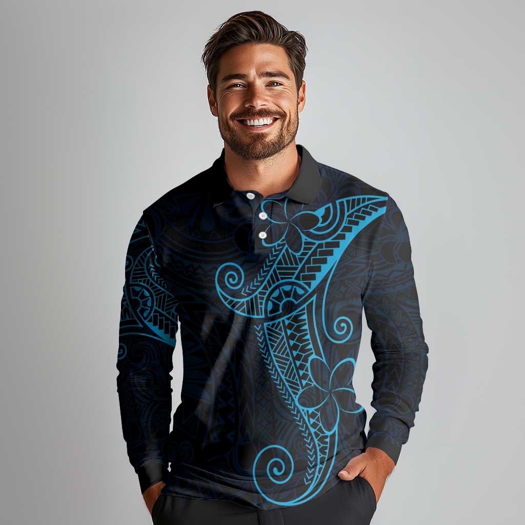Black Blue Polynesian Tribal Long Sleeve Polo Shirt - Polynesian Pride
