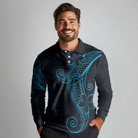 Black Blue Polynesian Tribal Long Sleeve Polo Shirt - Polynesian Pride