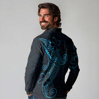 Black Blue Polynesian Tribal Long Sleeve Polo Shirt - Polynesian Pride