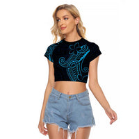Black Blue Polynesian Tribal Raglan Cropped T Shirt - Polynesian Pride