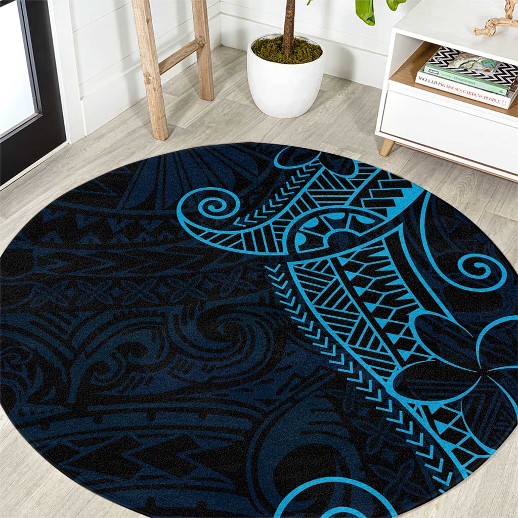 Black Blue Polynesian Tribal Round Carpet - Polynesian Pride