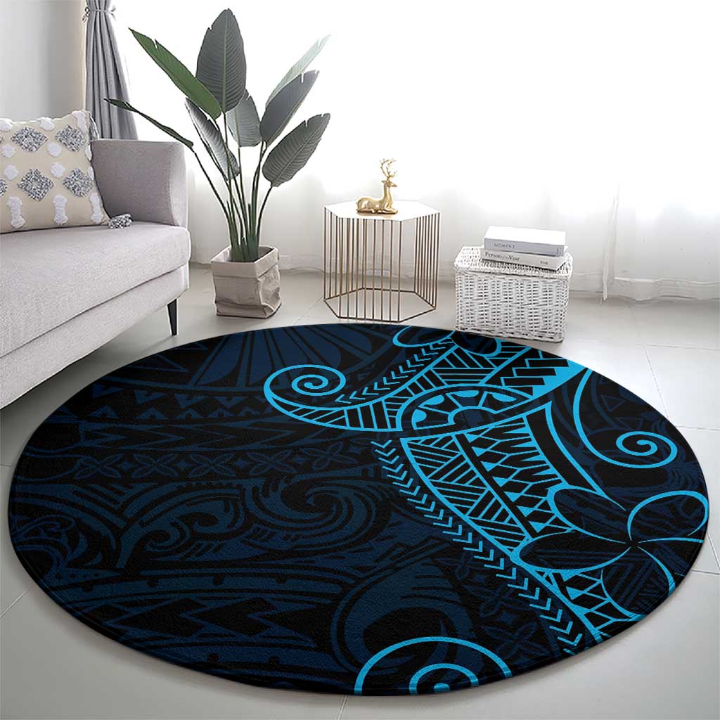 Black Blue Polynesian Tribal Round Carpet - Polynesian Pride