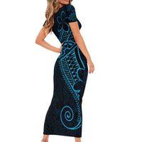 Black Blue Polynesian Tribal Short Sleeve Bodycon Dress - Polynesian Pride