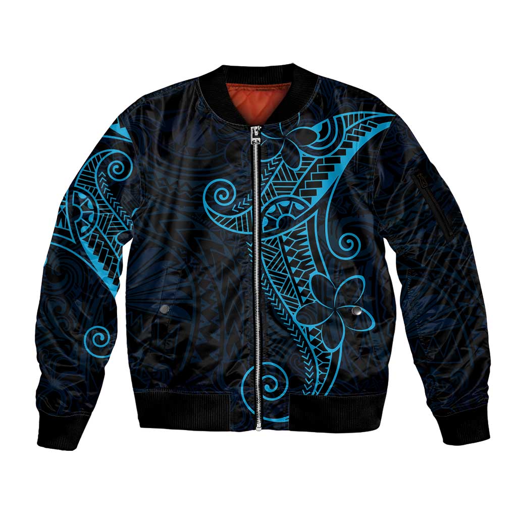 Black Blue Polynesian Tribal Sleeve Zip Bomber Jacket - Polynesian Pride