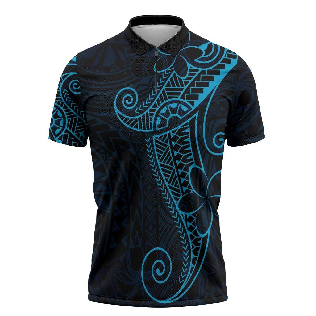 Black Blue Polynesian Tribal Zipper Polo Shirt - Polynesian Pride