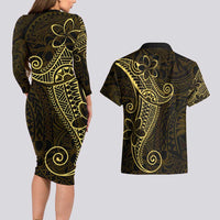 Black Gold Polynesian Tribal Couples Matching Long Sleeve Bodycon Dress and Hawaiian Shirt - Polynesian Pride