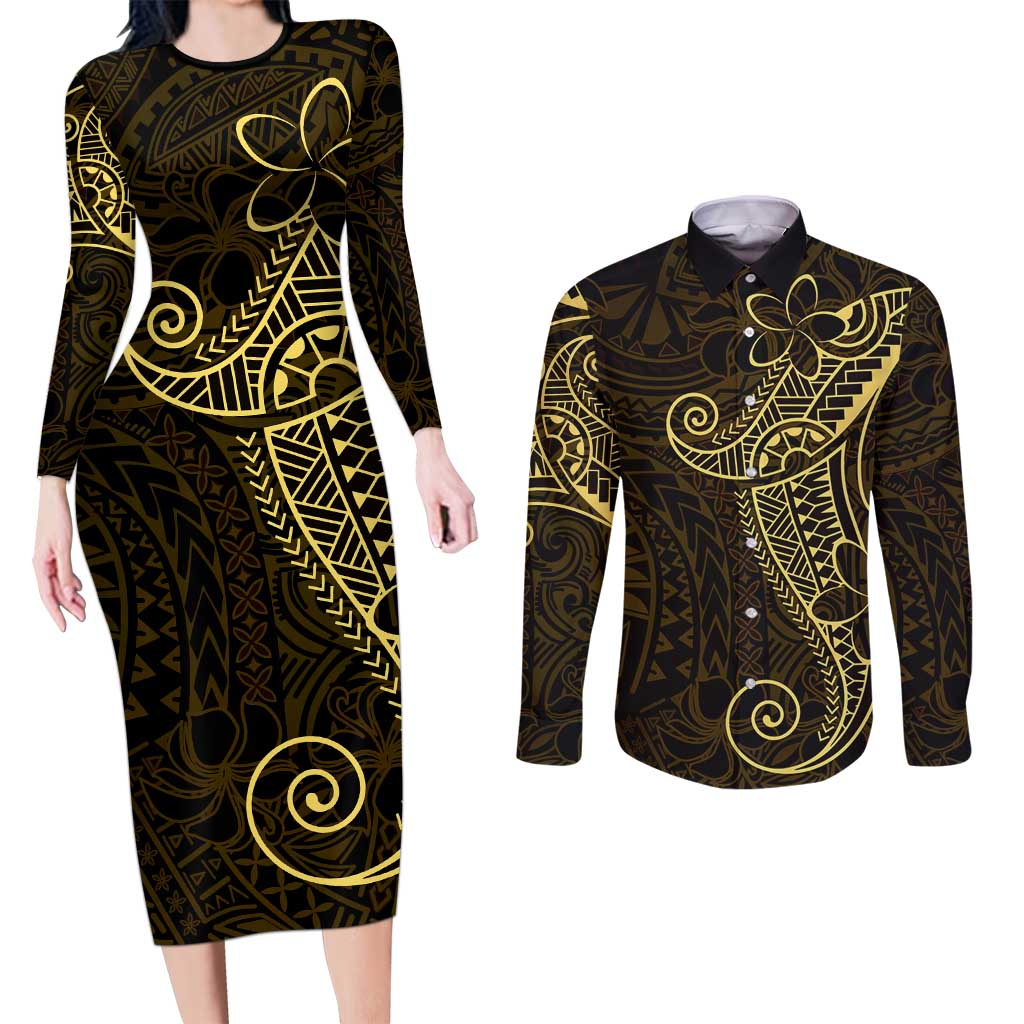 Black Gold Polynesian Tribal Couples Matching Long Sleeve Bodycon Dress and Long Sleeve Button Shirt - Polynesian Pride