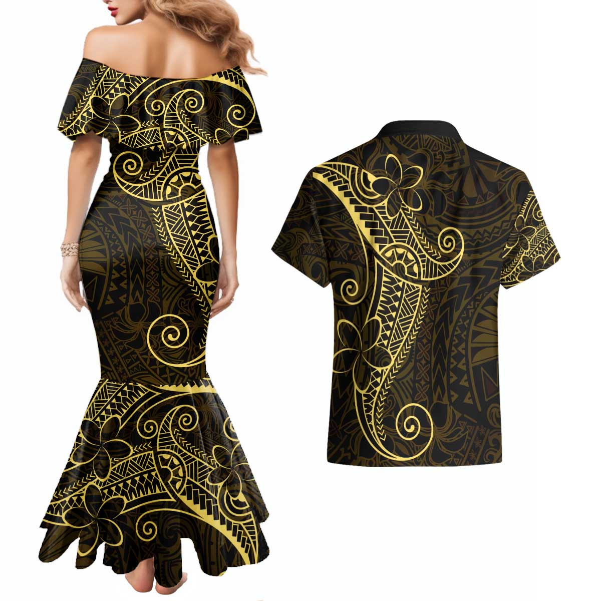 Black Gold Polynesian Tribal Couples Matching Mermaid Dress and Hawaiian Shirt - Polynesian Pride