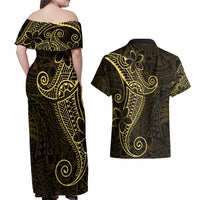 Black Gold Polynesian Tribal Couples Matching Off Shoulder Maxi Dress and Hawaiian Shirt - Polynesian Pride