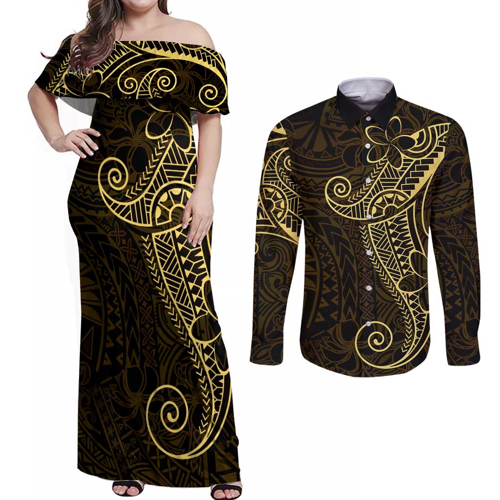 Black Gold Polynesian Tribal Couples Matching Off Shoulder Maxi Dress and Long Sleeve Button Shirt - Polynesian Pride