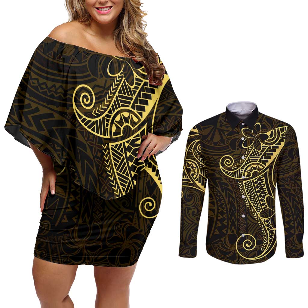 Black Gold Polynesian Tribal Couples Matching Off Shoulder Short Dress and Long Sleeve Button Shirt - Polynesian Pride