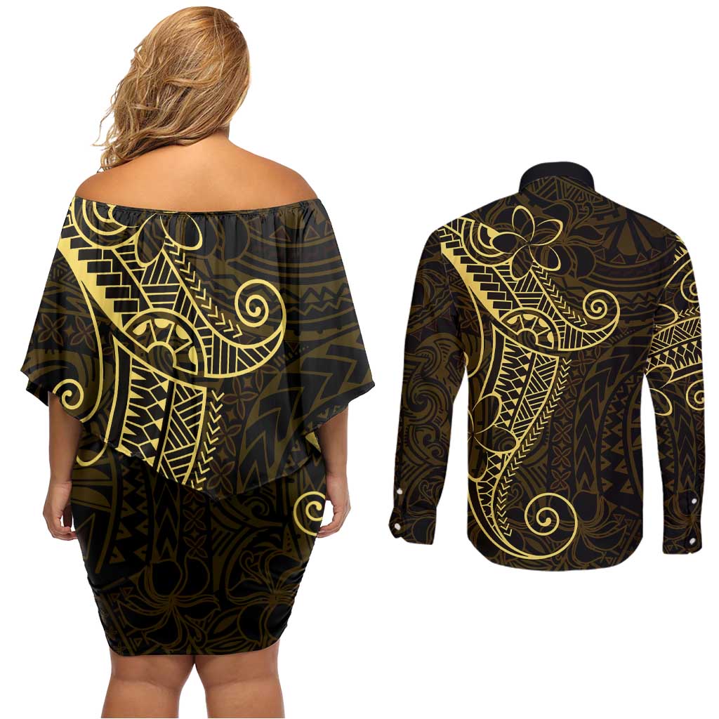Black Gold Polynesian Tribal Couples Matching Off Shoulder Short Dress and Long Sleeve Button Shirt LT9 - Polynesian Pride