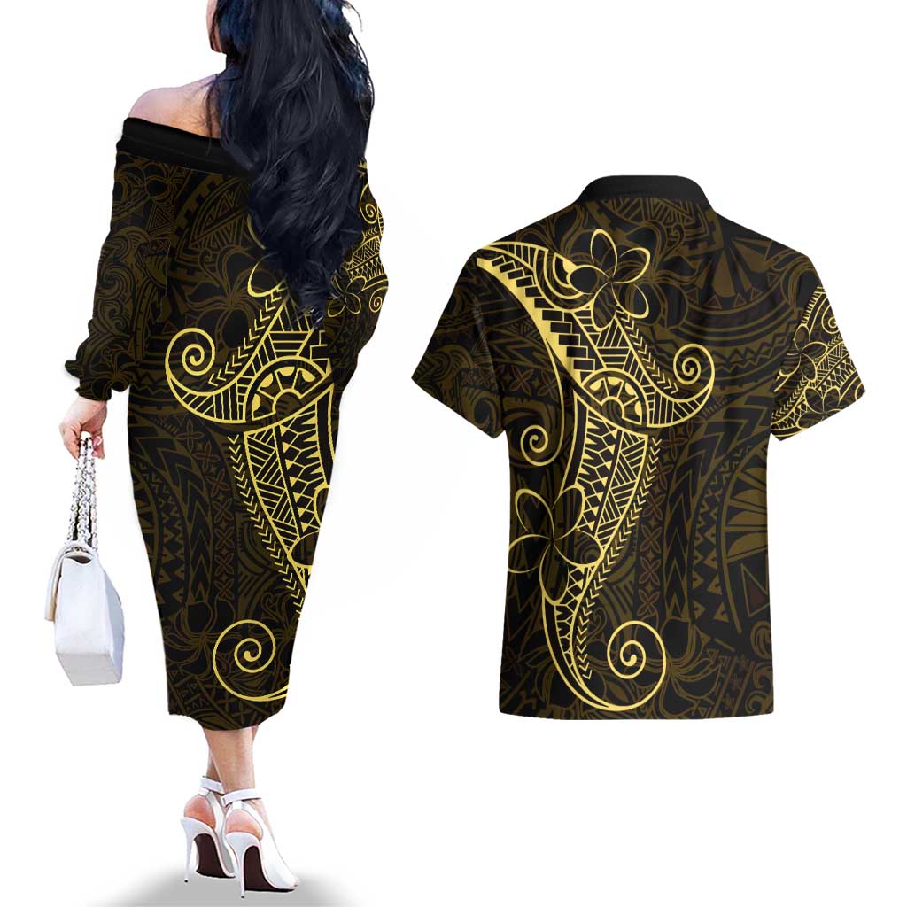 Black Gold Polynesian Tribal Couples Matching Off The Shoulder Long Sleeve Dress and Hawaiian Shirt - Polynesian Pride