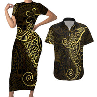 Black Gold Polynesian Tribal Couples Matching Short Sleeve Bodycon Dress and Hawaiian Shirt - Polynesian Pride