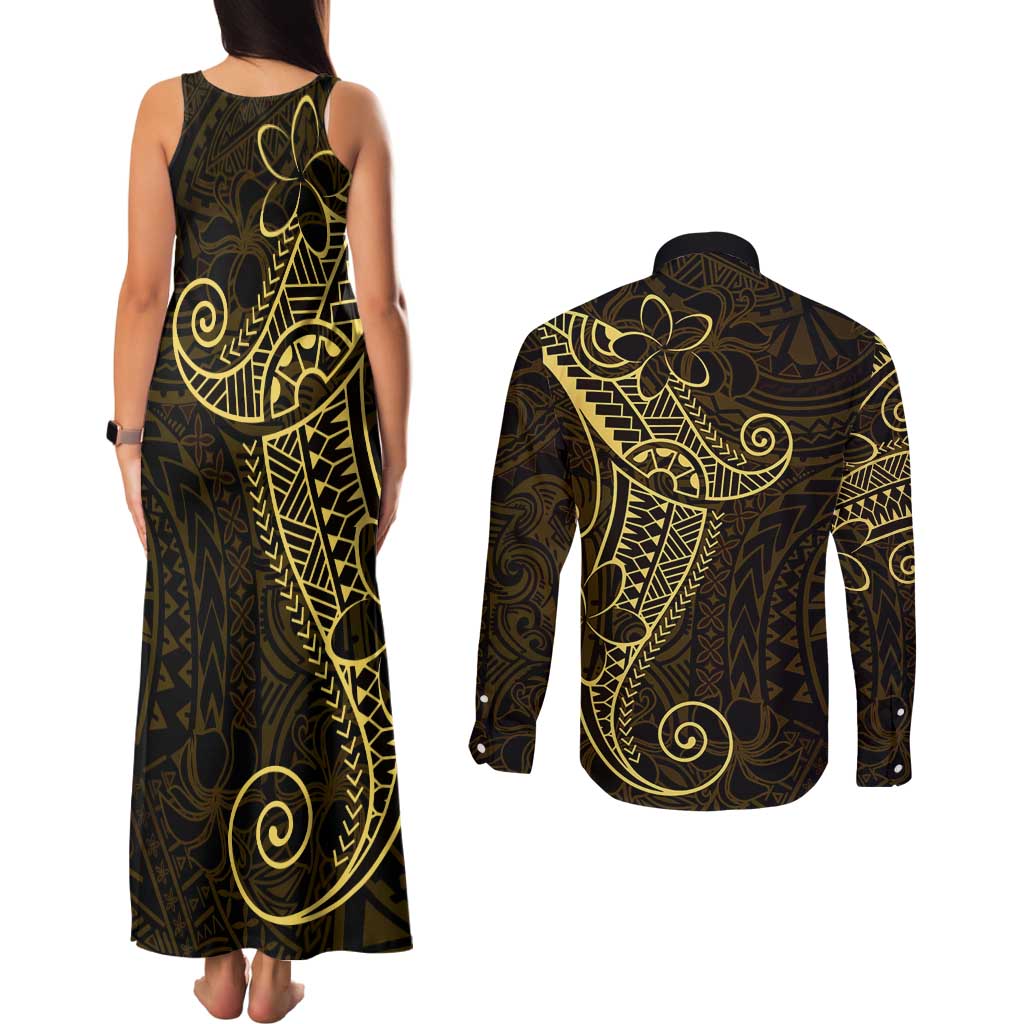 Black Gold Polynesian Tribal Couples Matching Tank Maxi Dress and Long Sleeve Button Shirt LT9 - Polynesian Pride