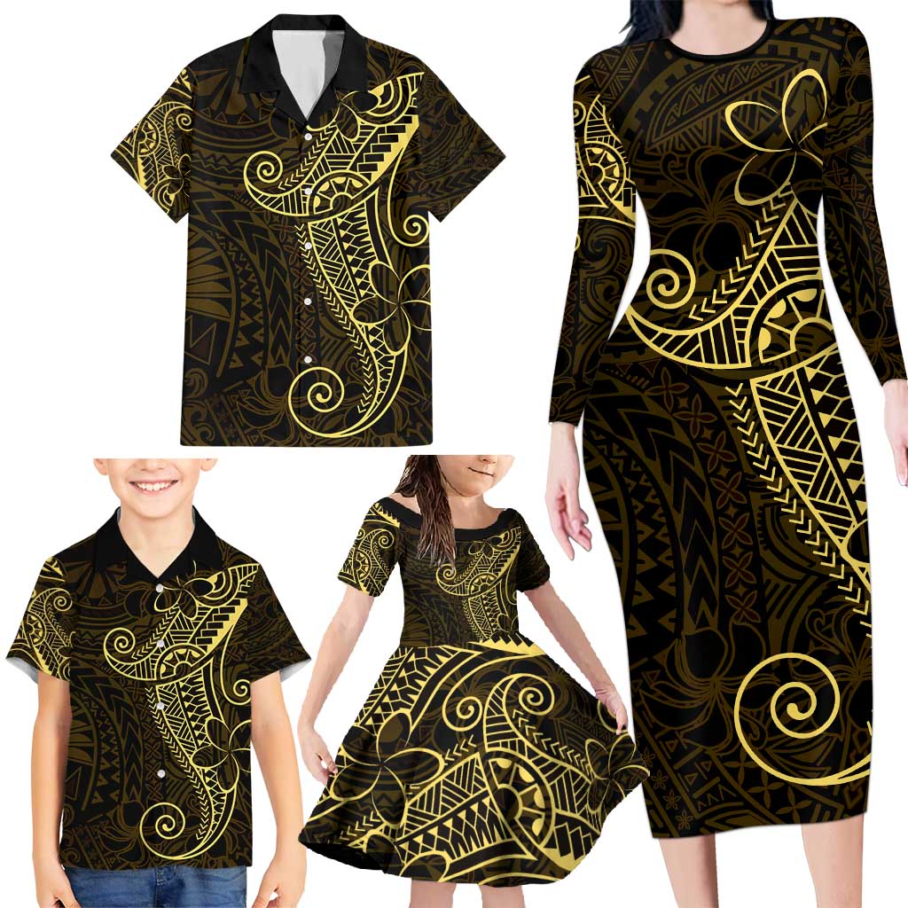 Black Gold Polynesian Tribal Family Matching Long Sleeve Bodycon Dress and Hawaiian Shirt - Polynesian Pride