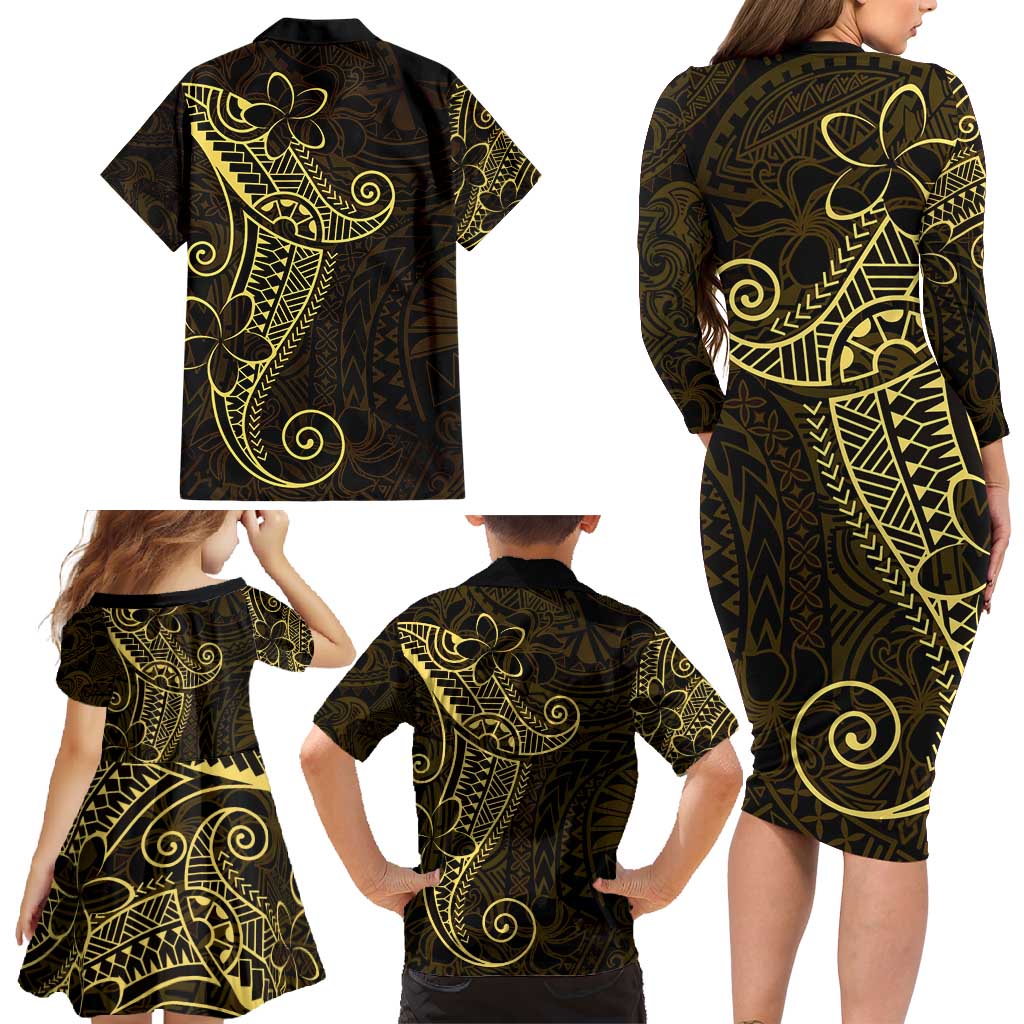 Black Gold Polynesian Tribal Family Matching Long Sleeve Bodycon Dress and Hawaiian Shirt - Polynesian Pride
