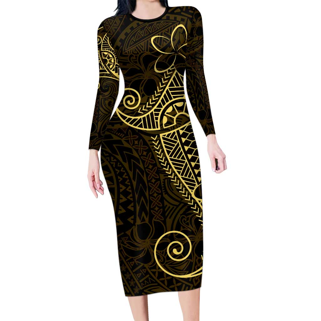 Black Gold Polynesian Tribal Family Matching Long Sleeve Bodycon Dress and Hawaiian Shirt - Polynesian Pride