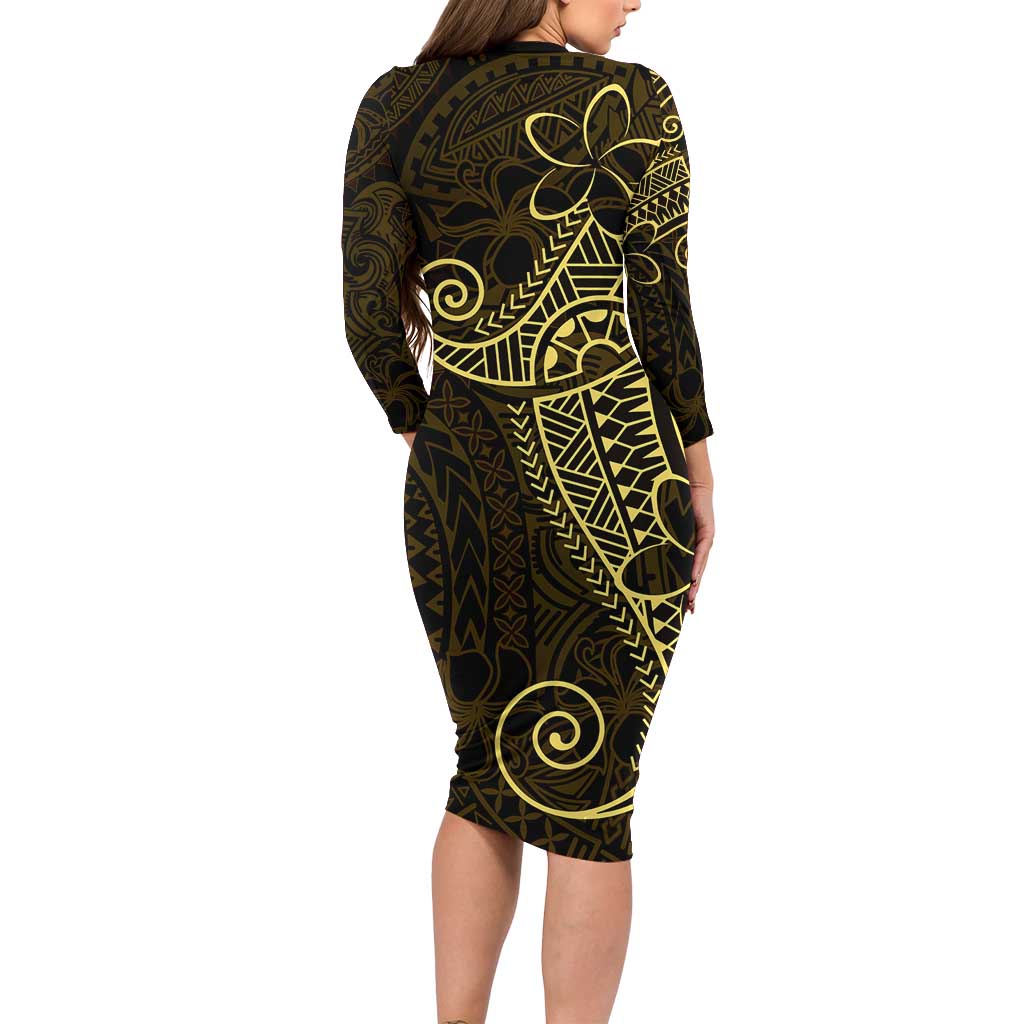 Black Gold Polynesian Tribal Family Matching Long Sleeve Bodycon Dress and Hawaiian Shirt - Polynesian Pride