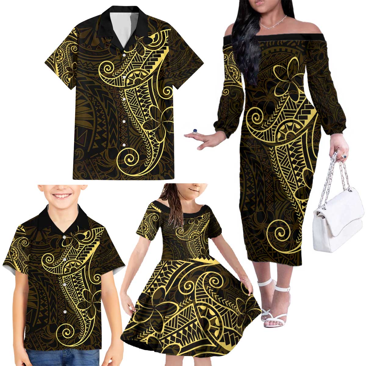 Black Gold Polynesian Tribal Family Matching Off The Shoulder Long Sleeve Dress and Hawaiian Shirt - Polynesian Pride