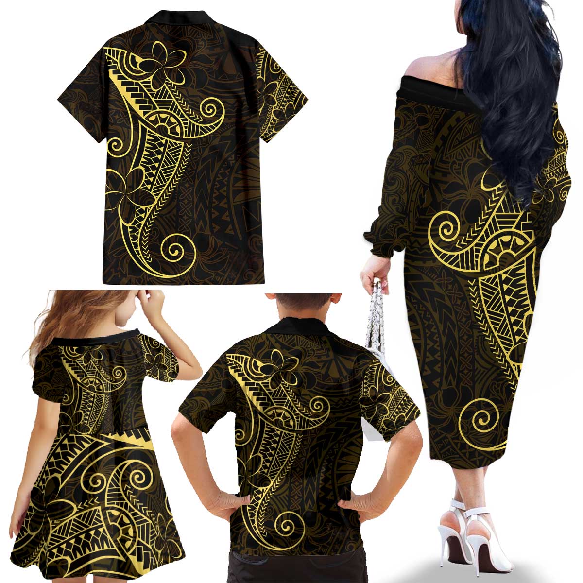 Black Gold Polynesian Tribal Family Matching Off The Shoulder Long Sleeve Dress and Hawaiian Shirt - Polynesian Pride