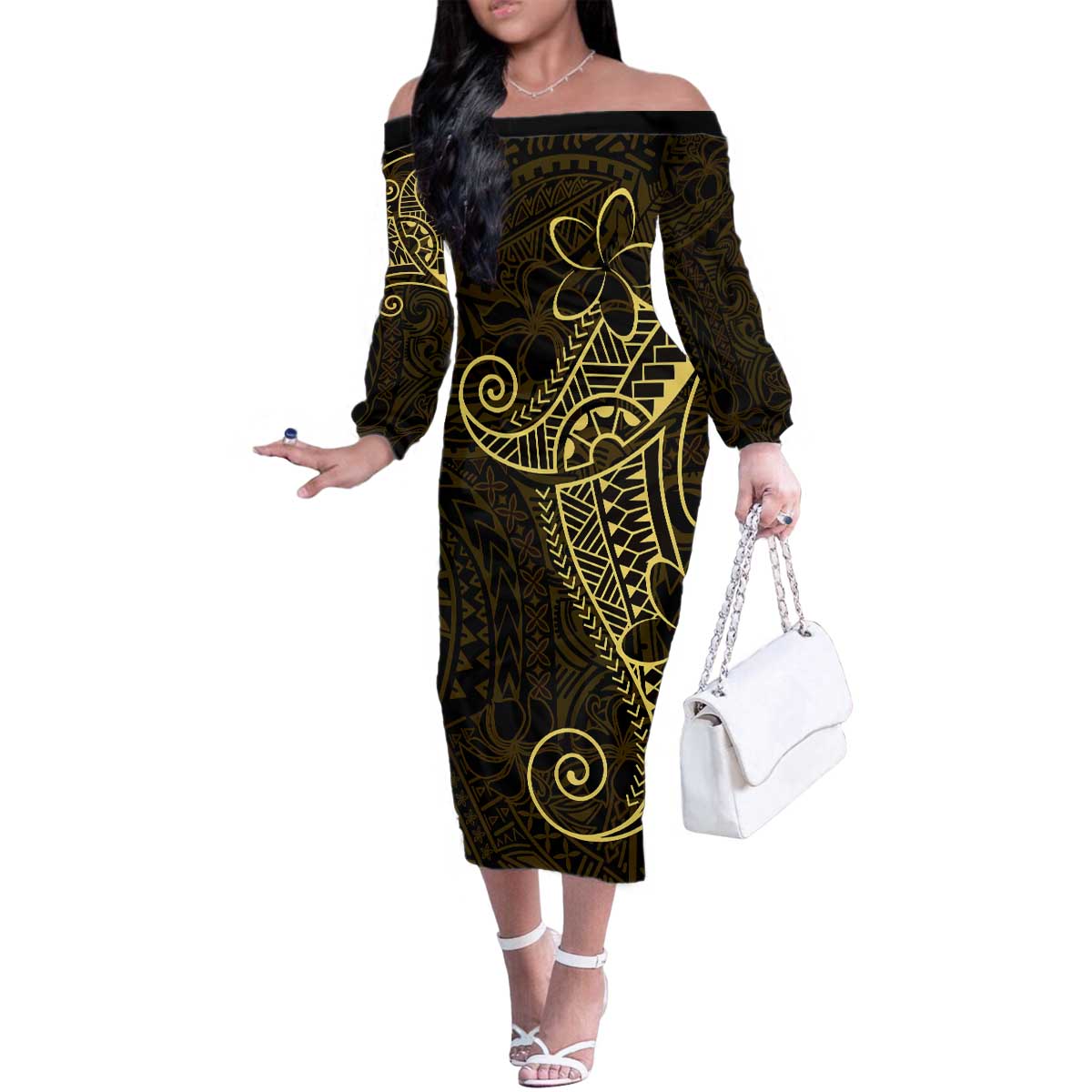 Black Gold Polynesian Tribal Family Matching Off The Shoulder Long Sleeve Dress and Hawaiian Shirt - Polynesian Pride