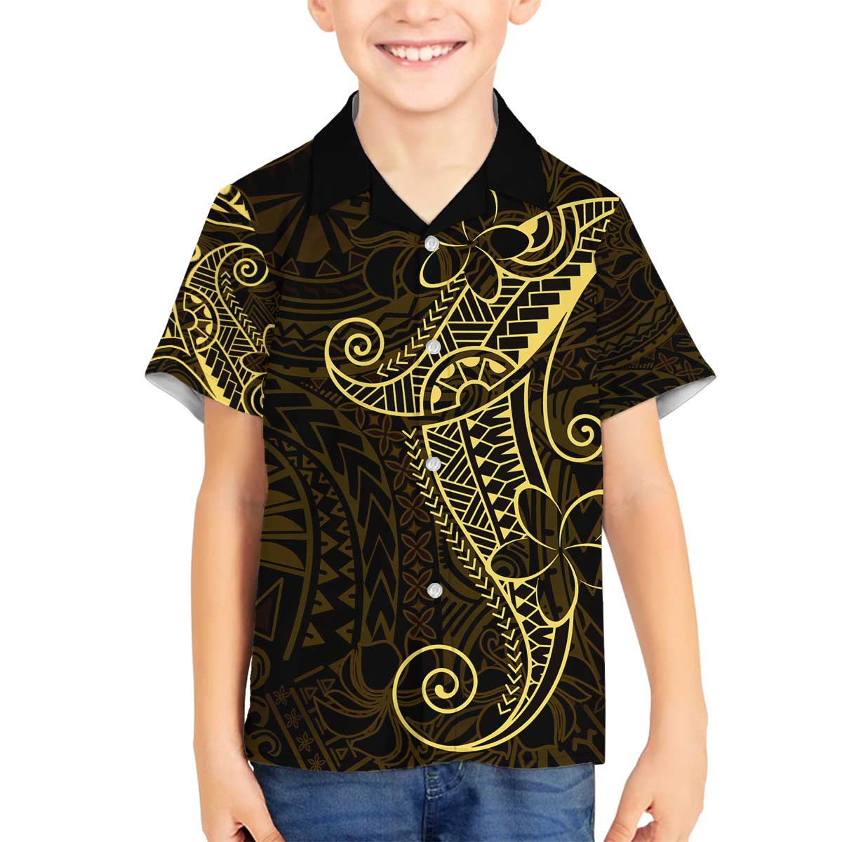 Black Gold Polynesian Tribal Family Matching Off The Shoulder Long Sleeve Dress and Hawaiian Shirt - Polynesian Pride