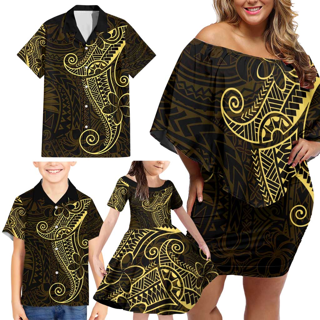 Black Gold Polynesian Tribal Family Matching Off Shoulder Short Dress and Hawaiian Shirt - Polynesian Pride